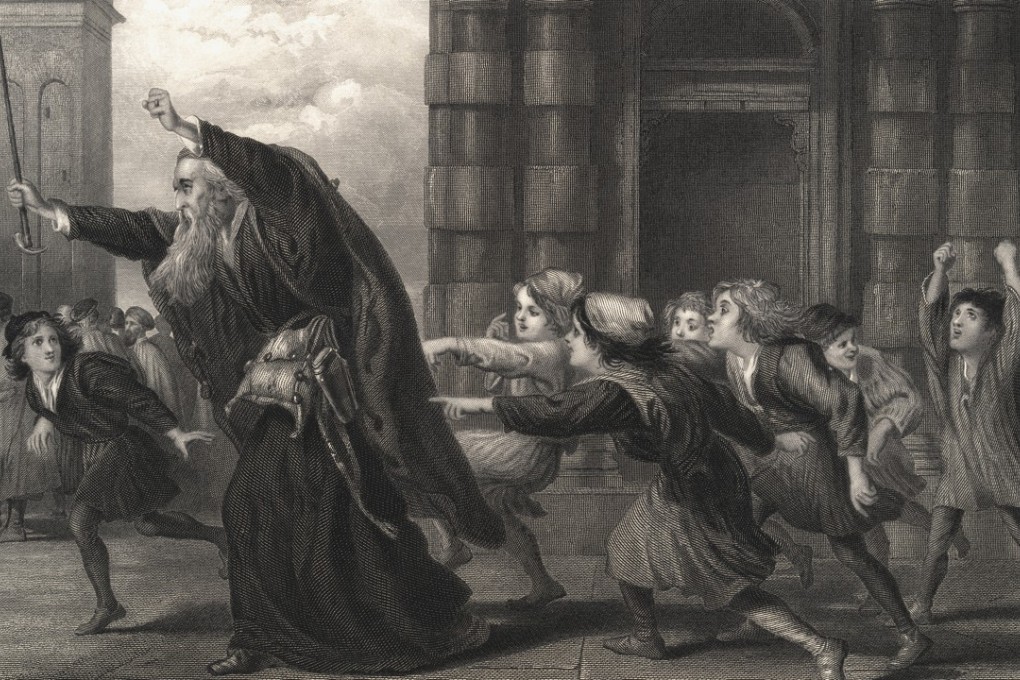 An engraving showing Shylock after he loses his trial. In Jacobson’s novel, his protagonist meets Shylock in a graveyard in England.