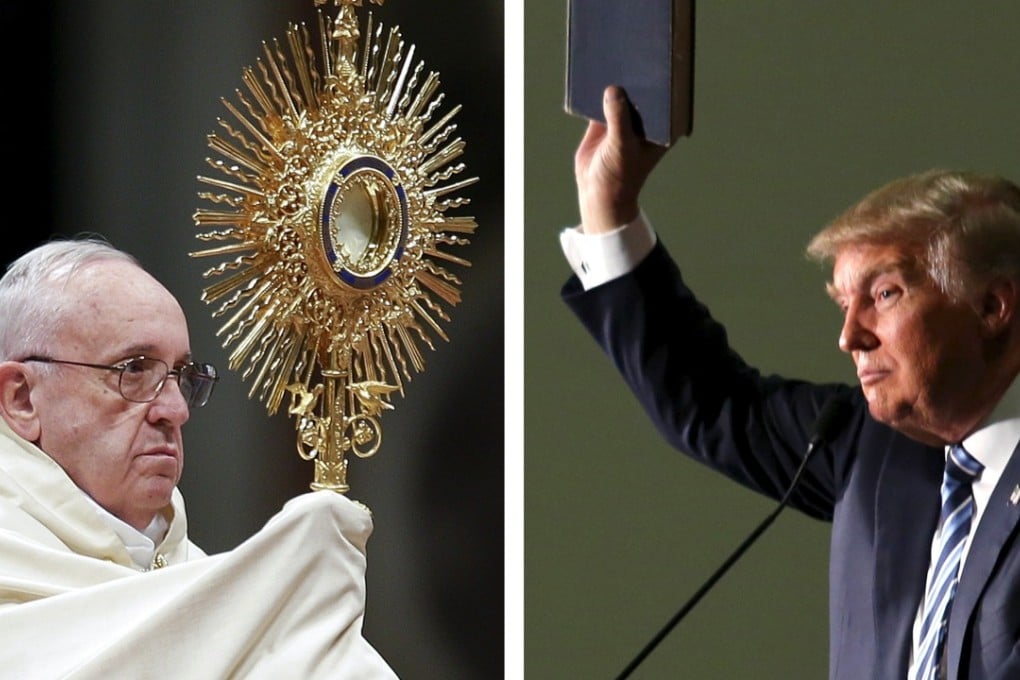 Pope Francis (left) and Donald Trump, pictured waving a Bible, are at loggerheads over Trump’s plan to build a wall on the US border with Mexico. Photo: Reuters