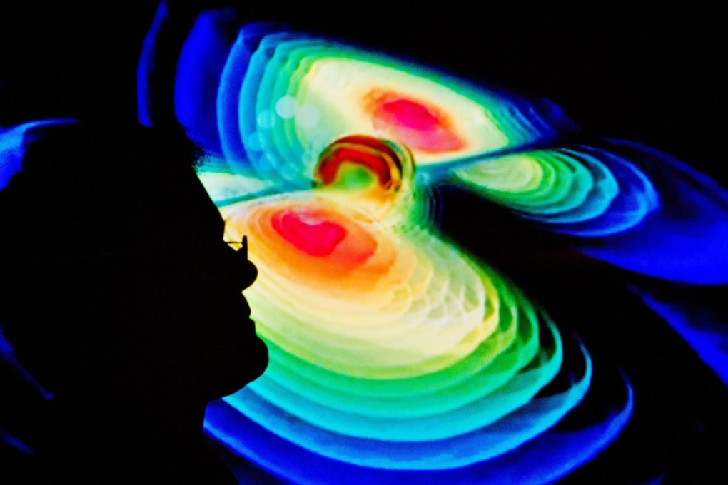 A visualisation of gravitational waves was presented during a press conference by the Max Planck Institute for Gravitational Physics (Albert Einstein Institute) at the Leibniz University in Hanover, Germany. Photo: EPA