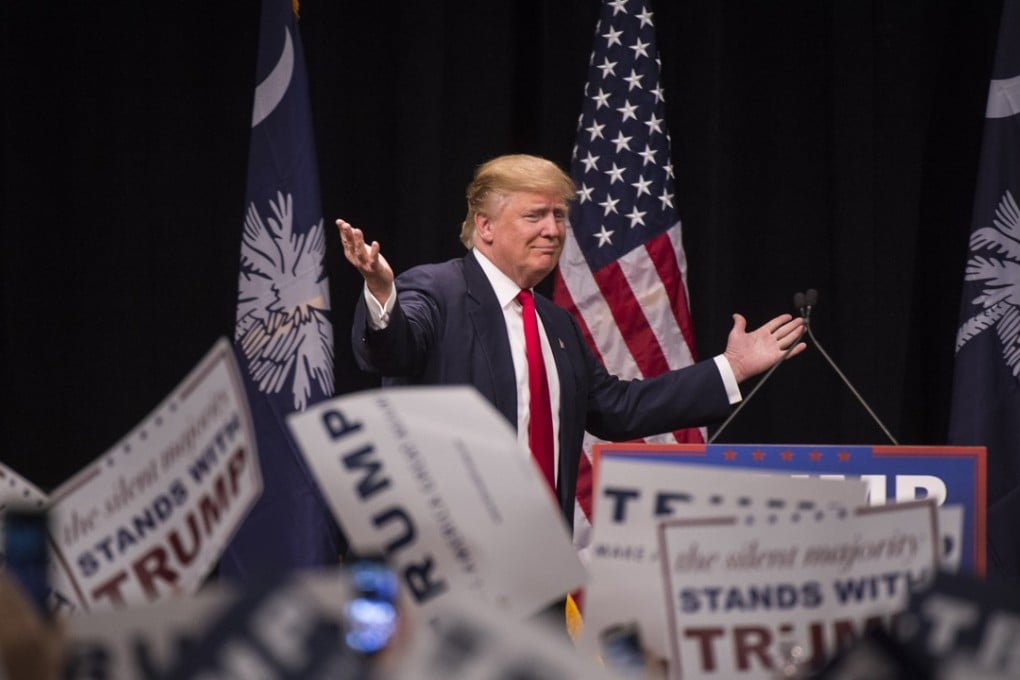 Donald Trump hits the stage at a rally in Myrtle Beach, South Carolina. The state could show whether he is vulnerable in Southern primaries. Photo: Washington Post
