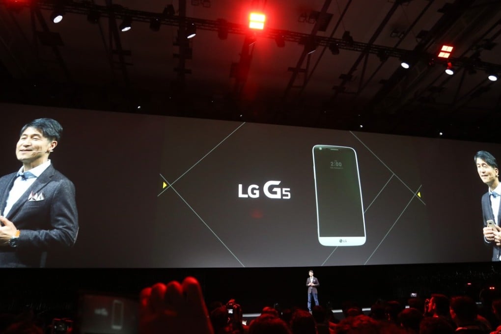 Juno Cho, chief executive officer of LG Electronics, speaks during the unveiling of the G5 smartphone ahead of the Mobile World Congress in Barcelona yesterday. MWC 2016 runs from Feb 22 to Feb 25. Photo: Bloomberg
