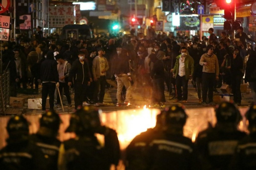 Crowds face off with police in Mong Kok the night of Monday, February 8th. Photo: SCMP