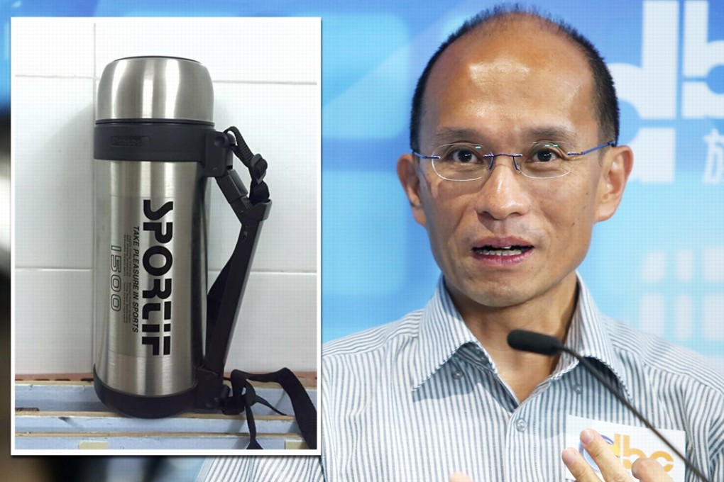 Is this mic live? Dr Cheung Kie-chung with a real microphone on DBC last year, and his thermos (inset). Photo: SCMP Pictures