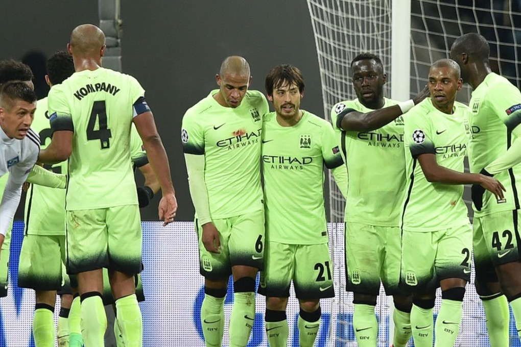 Manchester City players celebrate after Spanish midfielder David Silva scores against Dynamo Kiev. Citizens captain Vincent Kompany was pleased with his team’s performance. Photo: AFP