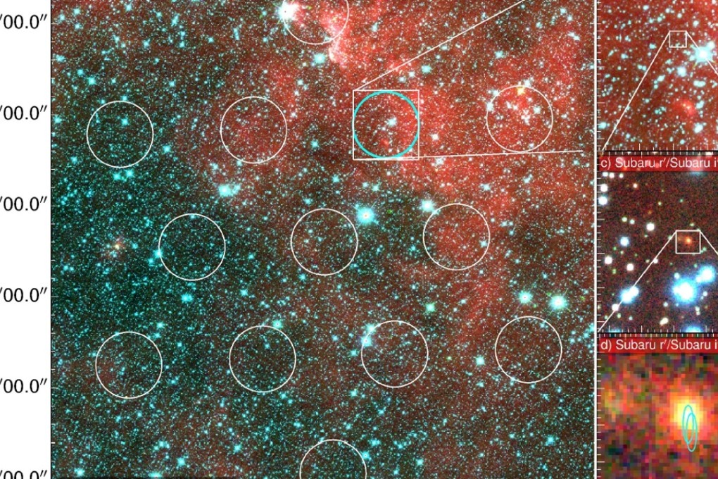The large image on the left shows the field of view from Australia’s Parkes radio telescope. On the right are successive zoom–ins on the area where a strong radio flash originated, 6 billion light years away. Photo: D. Kaplan (UWM), E. F. Keane (SKAO).