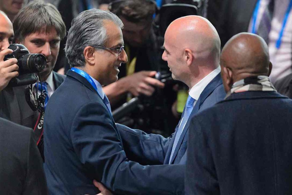 New Fifa president Gianni Infantino is congratulated by Sheikh Salman after winning the FIFA presidential election. Photo: AFP