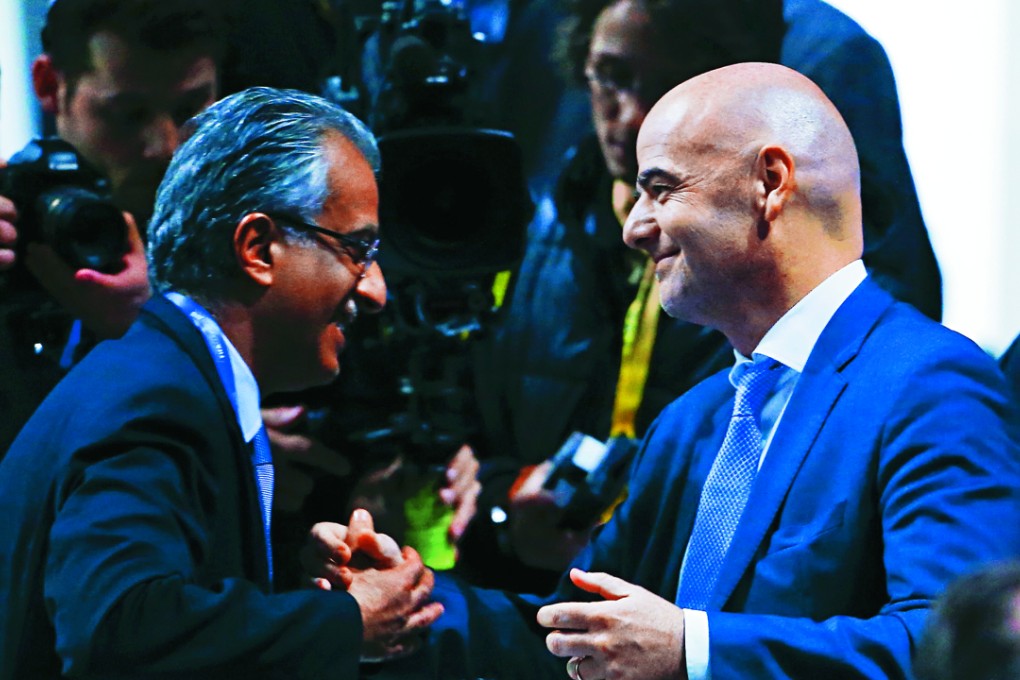 Fifa presidential candidate Sheikh Salman Bin Ebrahim Al-Khalifa of Bahrain congratulates newly elected Fifa president Gianni Infantino after the Swiss’ victory in Zurich. Photo: Reuters