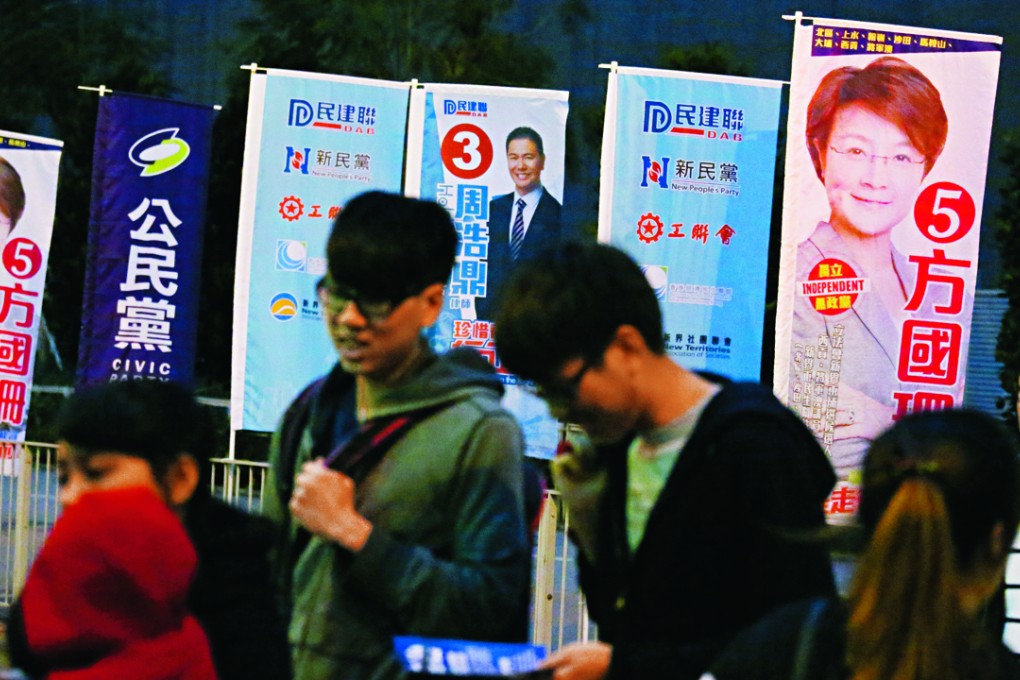 Rival election banners hide the complex political dynamics at work in New Territories East. Photo: Nora Tam