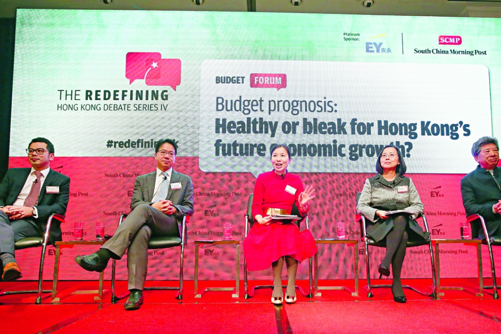 (Left to right) JLL Hong Kong head of research Denis Ma; IT lawmaker Charles Mok; SCMP deputy Hong Kong news editor Denise Tsang; EY Hong Kong & Macau managing partner Agnes Chan; and Temple Chambers Senior Counsel Ronny Tong. Photo: Edward Wong