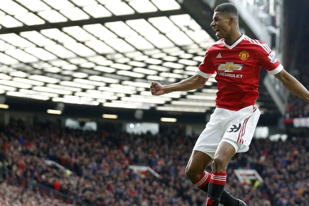 Manchester United's Marcus Rashford celebrates after he scores the opening goal in their 3-2 win over Arsenal at Old Trafford. Photo: AP