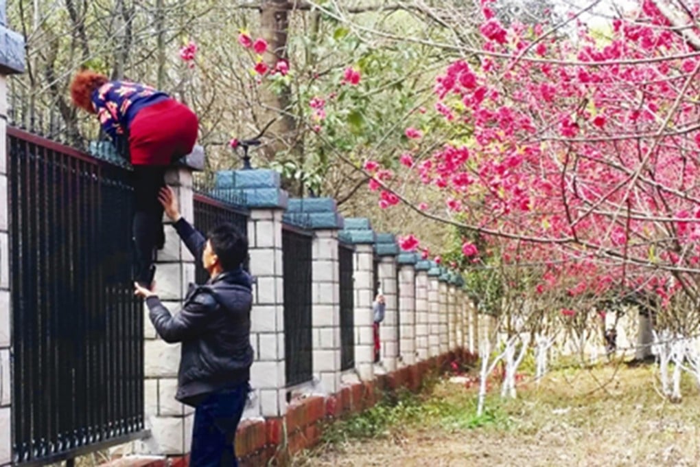 A tourist sneaking over a fence at the jail in Guilin. Photo: SCMP Pictures