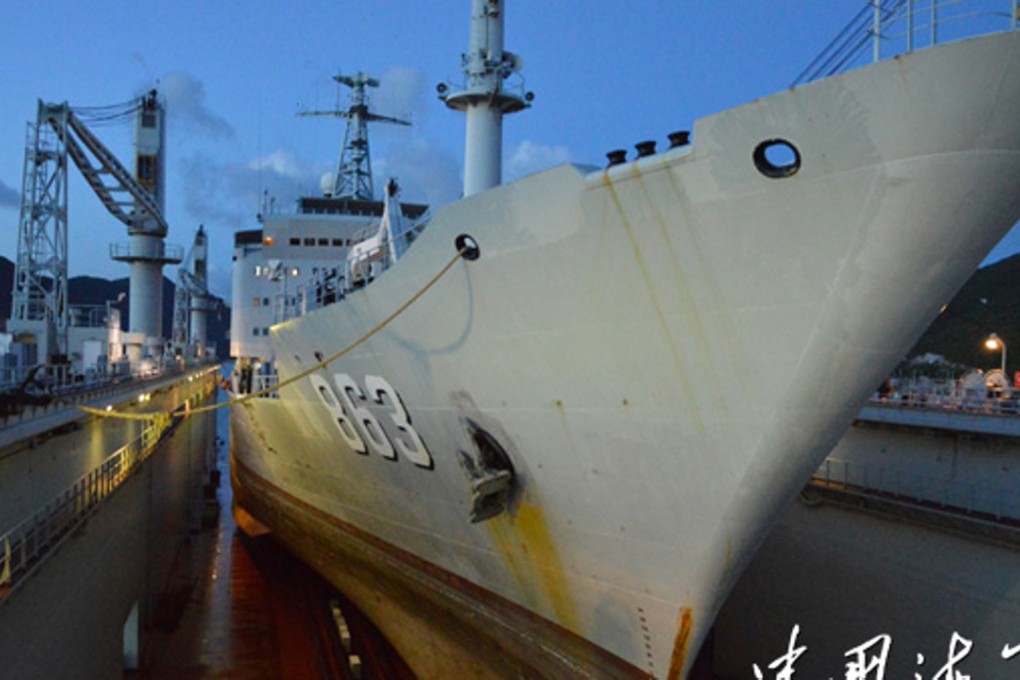 The floating dock will be able to carry out repairs in open waters to cruisers, destroyers and submarines. Photo: SCMP Pictures