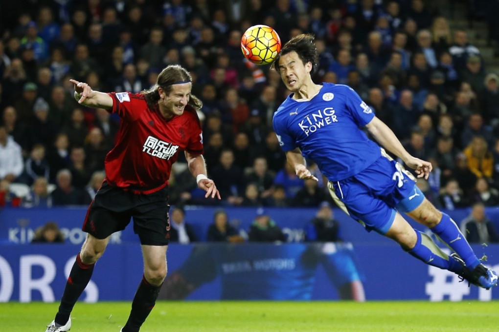 Leicester’s Shinji Okazaki heads at the West Brom goal. Photo: Reuters