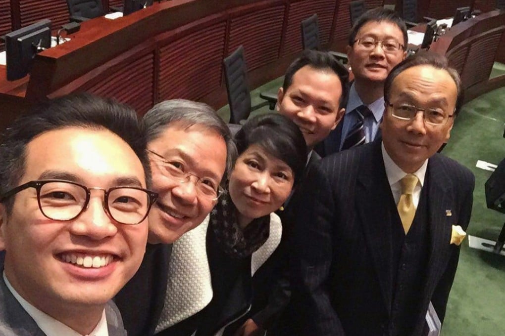Alvin Yeung (left) takes a selfie in the chamber with his Civic Party colleagues. Photo: Civic Party Facebook