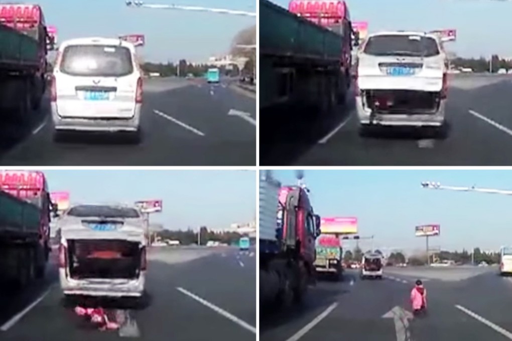 Dramatic video footage shows the moment the boy fell from the boot of the van into the road. Photo: YouTube/Xinhua