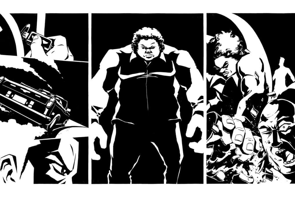 Three pieces of the stark, monochrome artwork from Sayonara Bitch, the sequel to Richard Tong’s hard-boiled novel Bitch on Heat.