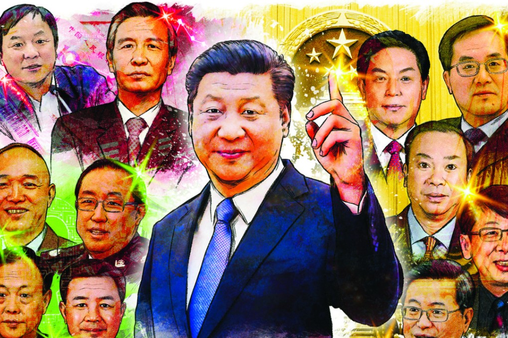Xi Jinping and his advisers. (Top row, left to right) Shu Guozeng, Liu He, Li Zhanshu, Ding Xuexiang; (middle row) Cai Qi, Fu Zhenhua, Xi Jinping, Huang Kunming, Chen Xi; (bottom row) Meng Qingfeng, Wang Xiaohong, Chen Yixin. Illustration: Lau Ka-kuen