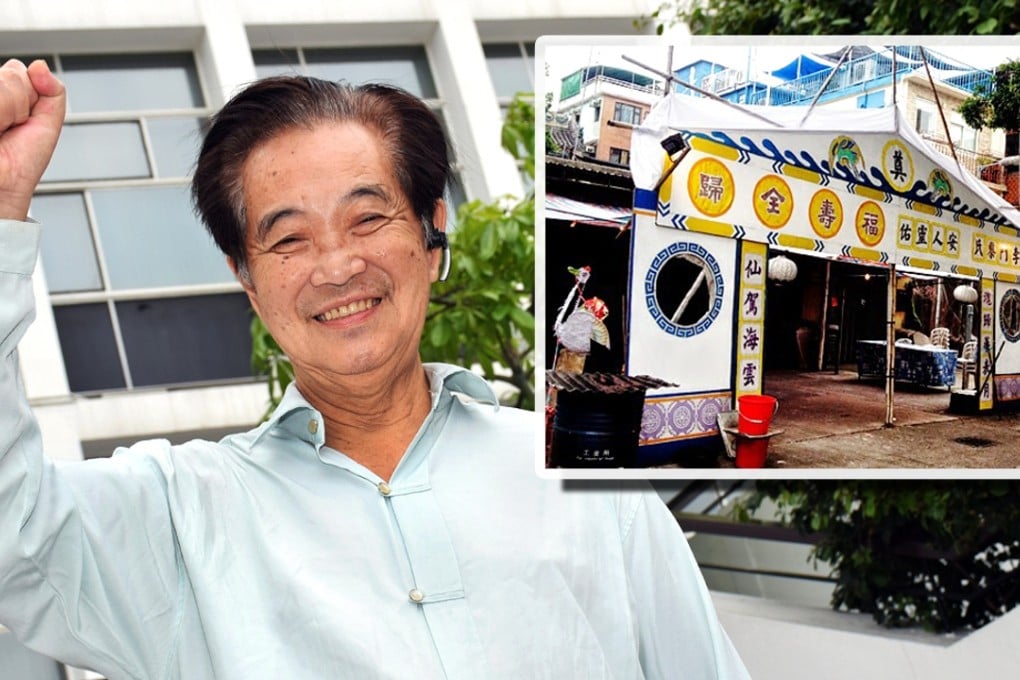 Cheung Chau resident Kwok Cheuk-kin makes a victorious gesture after last year’s court decision. Inset, the pavilion at the centre of the controversiy. Photos: Franke Tsang and SCMP Pictures