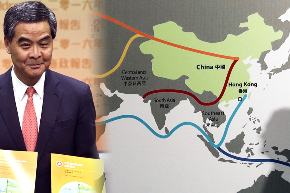 Chief Executive Leung Chun-ying talks to the media following his policy address and a map illustrating China’s “One Belt, One Road”. Photos: Sam Tsang and Reuters