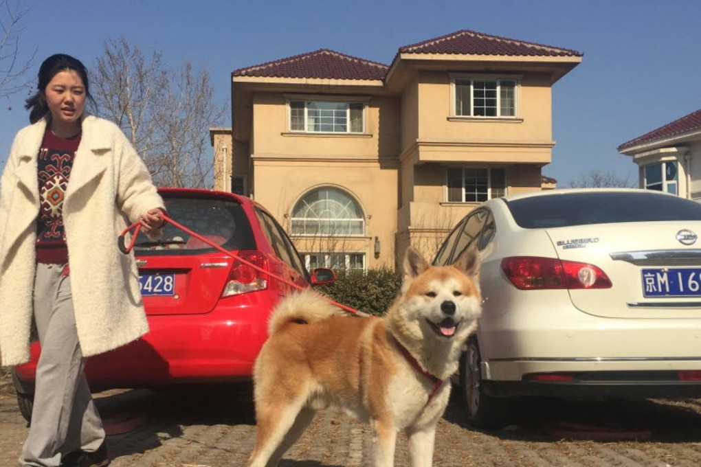 A woman walks her dog in the Purple Jade, a luxury gated community in Beijing. Photo: SCMP