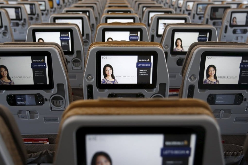 A view of the inflight entertainment screen on the back of economy class seats on the first of 67 new Airbus A350-900 planes delivered to Singapore Airlines at Singapore's Changi Airport on March 3, 2016. Photo: Reuters