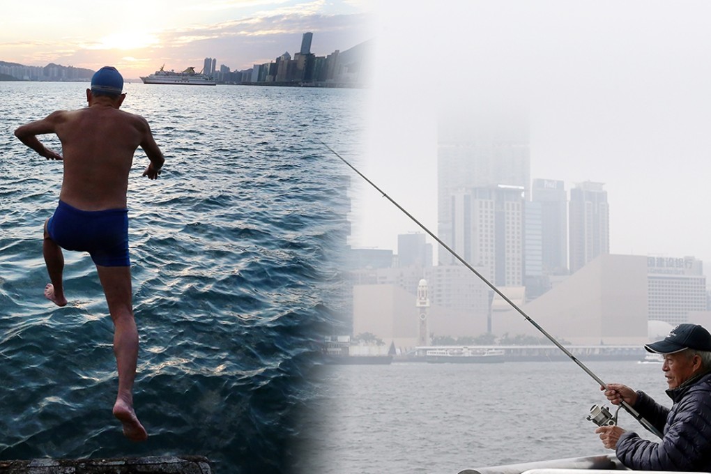 A man takes the plunge in the harbour and an angler fishes by the Central piers. Photos: K.Y. Cheng and Felix Wong