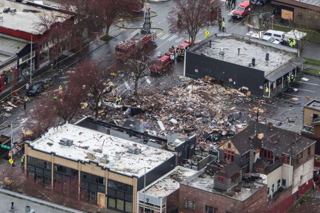 An aerial view of damage from a natural gas explosion that flattened buildings in Seattle early Wednesday morning. Photo: AP