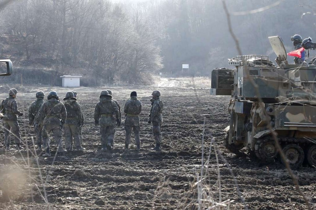 South Korean soldiers take part in a joint military exercise with the US near the Demilitarised Zone in Paju, South Korea. Photo: EPA