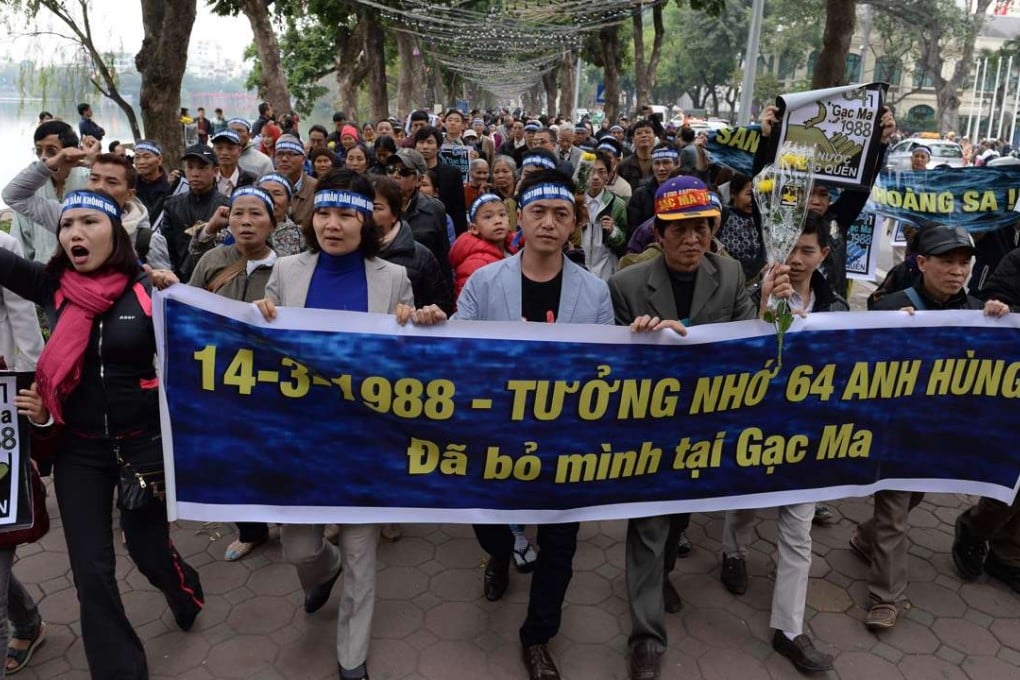 Activists chant anti-China slogans during a rally in Hanoi. Photo: AFP