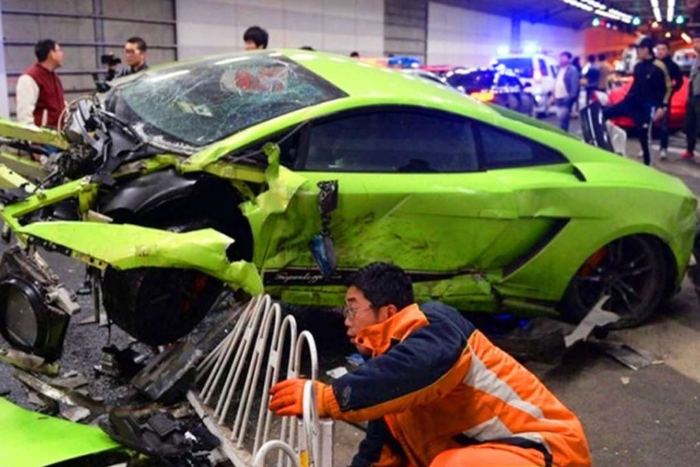 This green Lamborghini and a red Ferrari were racing at 160km/h when they crashed. Photo: SCMP Pictures