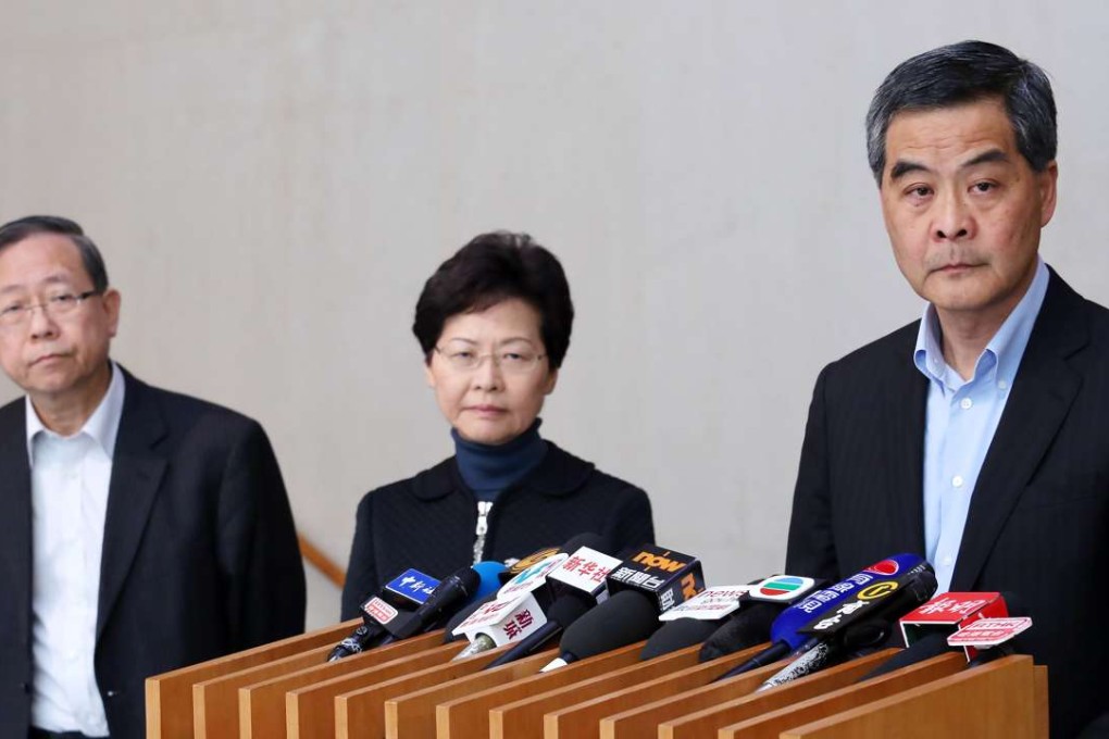 Secretary for Security Lai Tung-kwok (left), Chief Secretary Carrie Lam Cheng Yuet-ngor and Chief Executive Leung Chun-ying at a press conference following the riot in Mong Kok last month. Photo: Nora Tam