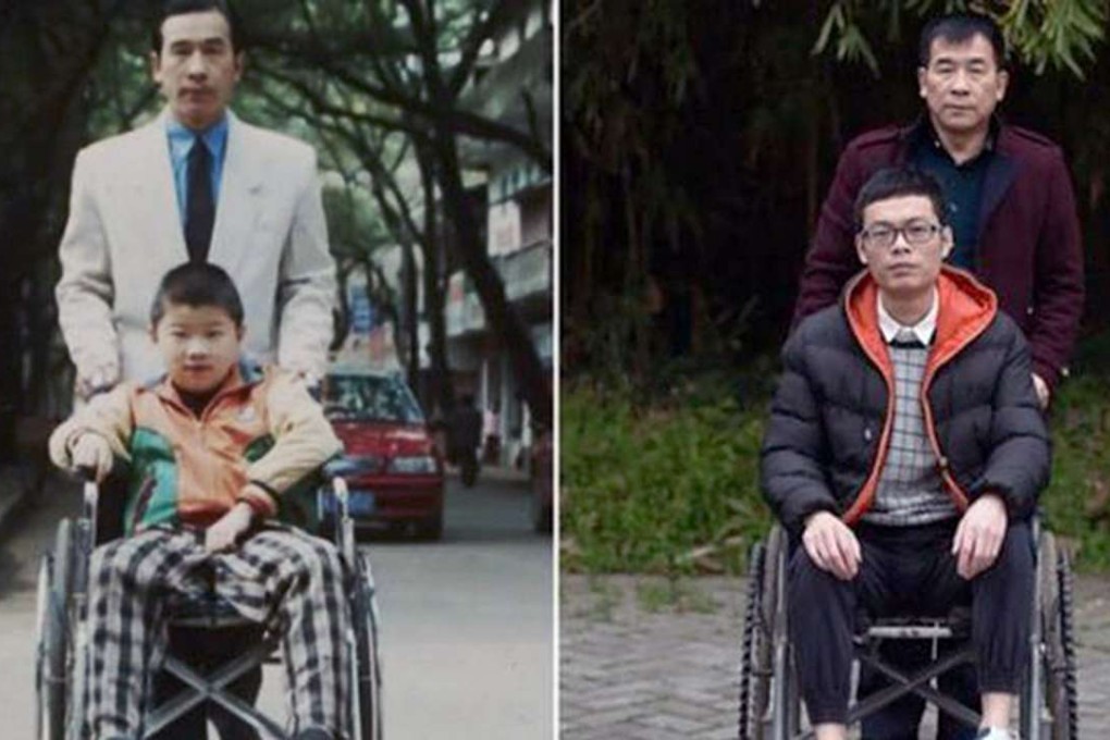 Huang Xiaoyong, left, with son Huang Ke, who died from muscular dystrophy in 2009. Huang with Wang Feng. Photo: SCMP Pictures