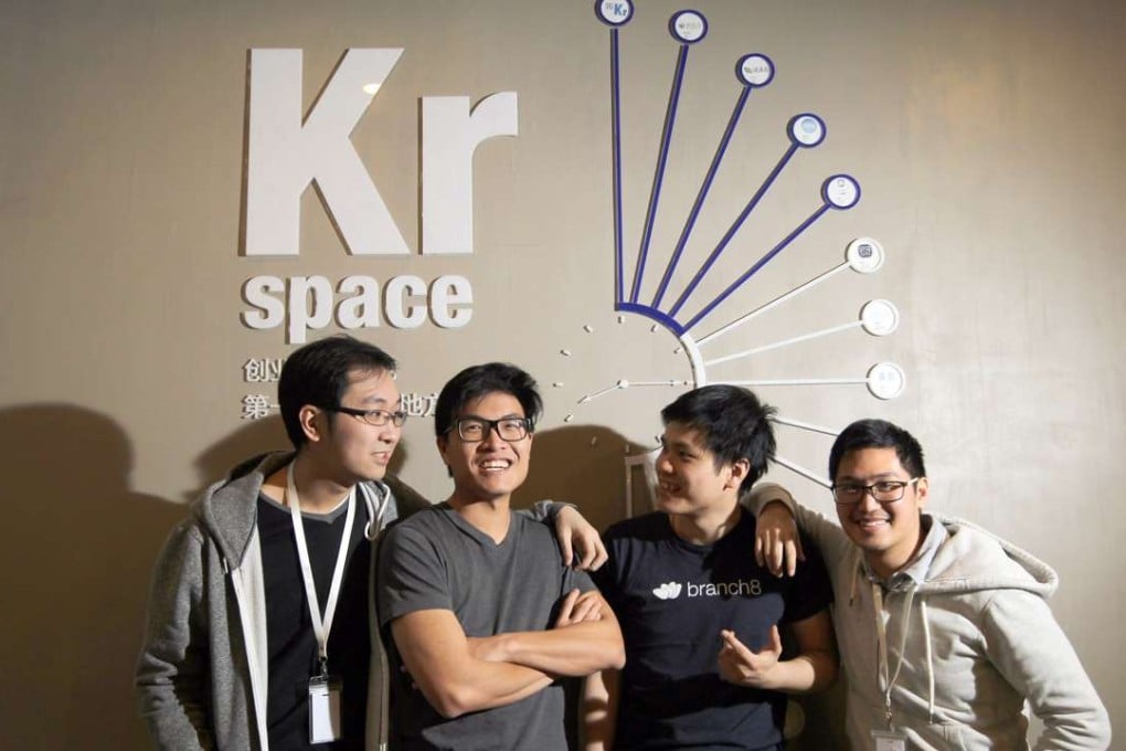 From left: Branch8’s Jay Chim Shing-wai, jackie Kong Cheuk-kiu, Matt Li Chun-shing and Tim Mak Chiu-wo Check opportunities for their project in Zhongguancun in Beijing. Photo: Simon Song