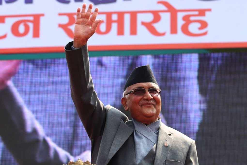 Nepalese Prime Minister KP Sharma Oli greets supporters in Kathmandu. Photo: Xinhua