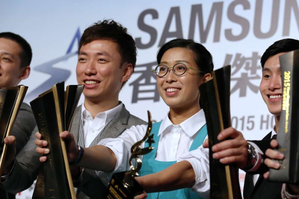 Award winners Hu Yun (badminton), Wu Siu-hong (tenpin bowling), Ng On-Yee (snoooker and Best of the Best), Shek Wai-hung (gymnastics) are beaming with their trophies in hand at the Samsung 2015 Hong Kong Sports Stars Awards at the Convention and Exhibition Centre in Wan Chai. Photos: Nora Tam