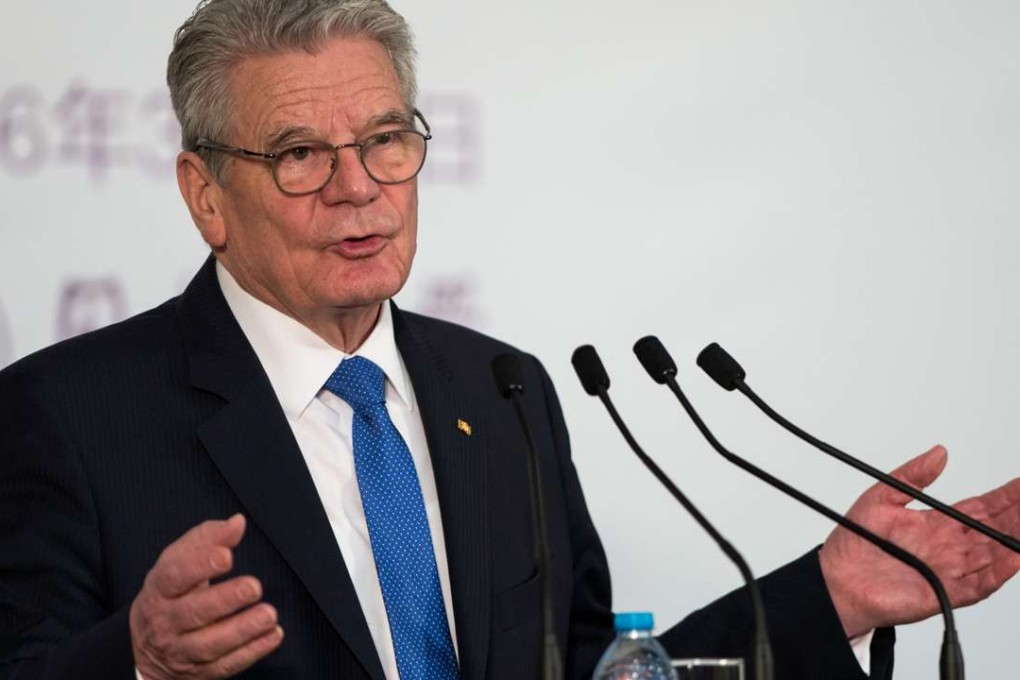 German President Joachim Gauck gestures during his speech at Tongji University in Shanghai on Wednesday. Photo: AFP
