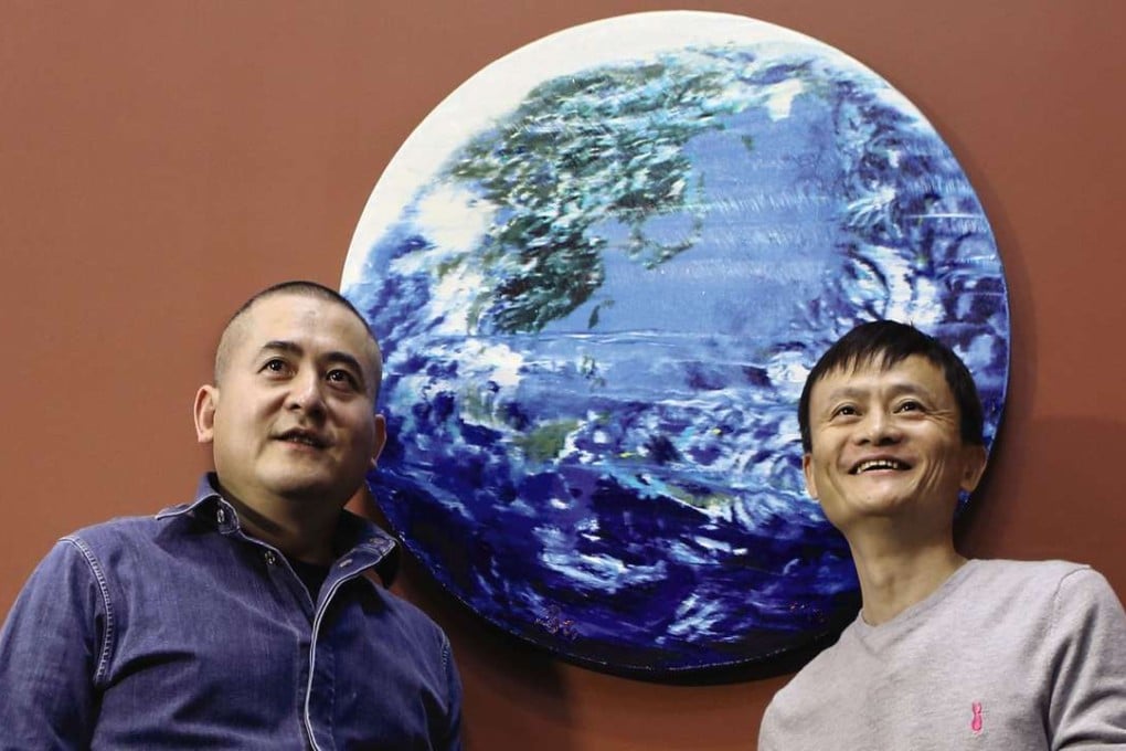 Zeng Fanzhi (left), one of China’s leading contemporary artists, and Alibaba founder Jack Ma with their painting, Paradise. Photo: Sotheby’s