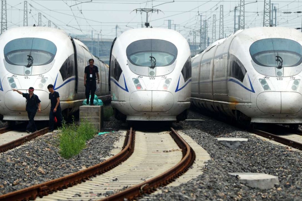 High-speed trains made by state-owned CNR at a maintenance centre in Shanghai. Photo: Xinhua