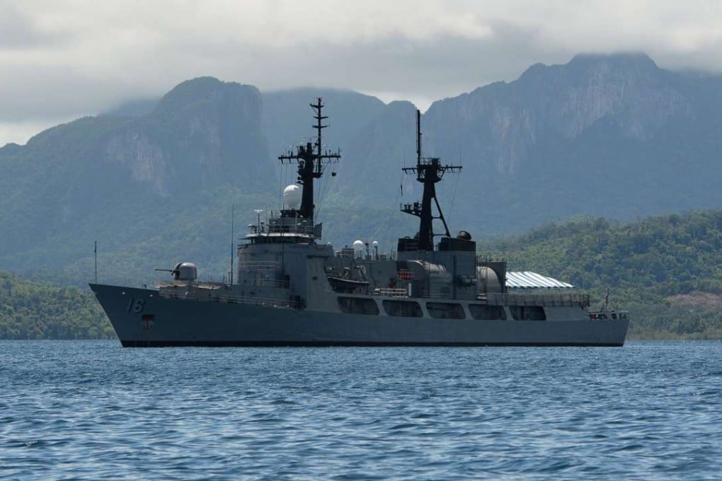 Philippine Navy frigate BRP Ramon Alacraz anchored at the mouth of the South China Sea in Ulugan Bay off Puerto Princesa on Palawan island. Ulugan Bay in 2014. Photo: AFP