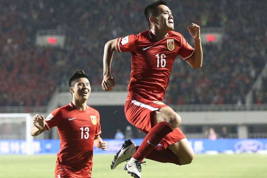 Huang Bowen celebrates the opening goal in China’s 2-0 victory over Qatar in their group C World Cup qualifier in Xian. Photos: Xinhua