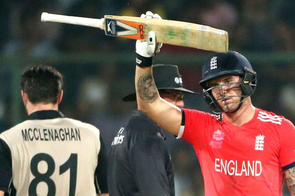 England’s Jason Roy waves to his teammates for a replacement bat during their 2016 ICC Twenty20 World Cup semi-final against New Zealand at the Feroz Shah Kotla Cricket Stadium in New Delhi. Photo: AP
