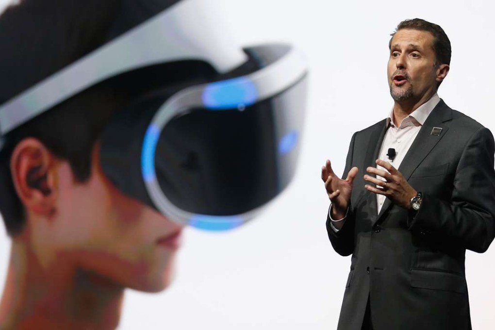 Sony Computer Entertainment’s chief executive officer Andrew House unveiling the company’s virtual reality headset in June 2015 in Los Angeles, California. Sony has just announced the PSVR will go on sale this October for US$399. Photo: Getty Images/AFP