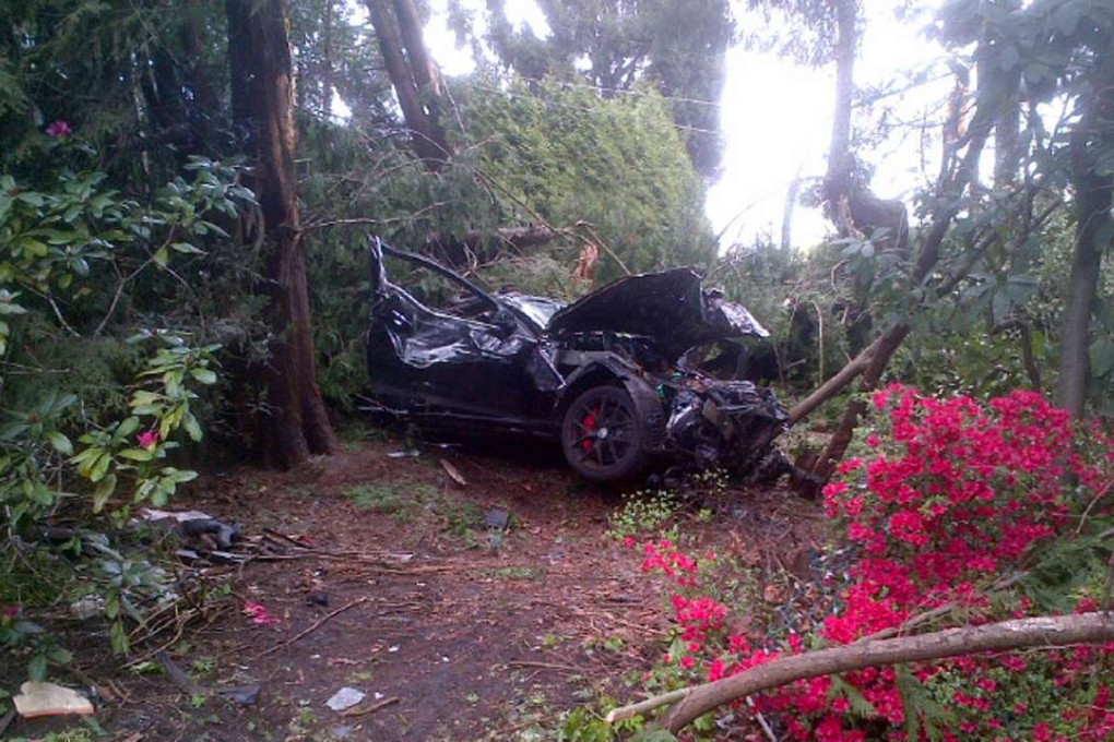 The wrecked Mercedes AMG C63 coupe that police said was driven by Yue Hui Wang at 250km/h in a 50km/h zone when it crashed in suburban Vancouver on April 12, 2015. Wang, a Chinese citizen aged 18 at the time of the crash, has been charged with criminal negligence causing bodily harm. Photo: Vancouver Police Department