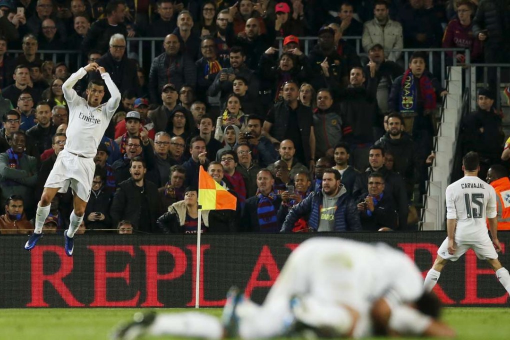 Real Madrid’s Cristiano Ronaldo celebrates netting the winning goal against Barcelona. Photo: Reuters