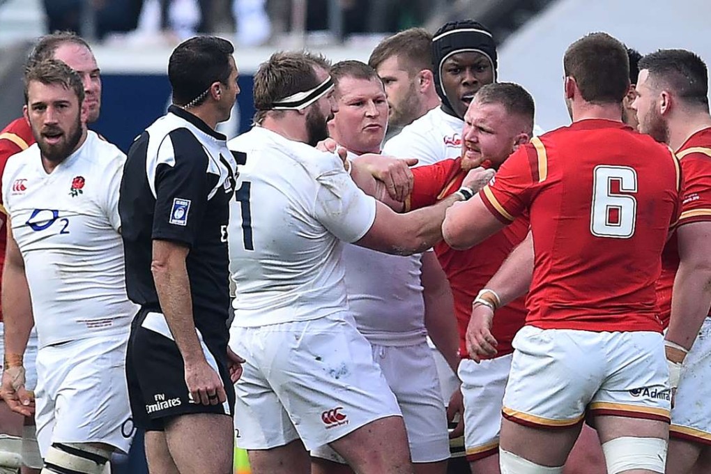 The clash between England prop Joe Marler (centre) and Wales prop Samson Lee in their Six Nations match that gave rise the the “gypsy boy” remark. Photo: AFP