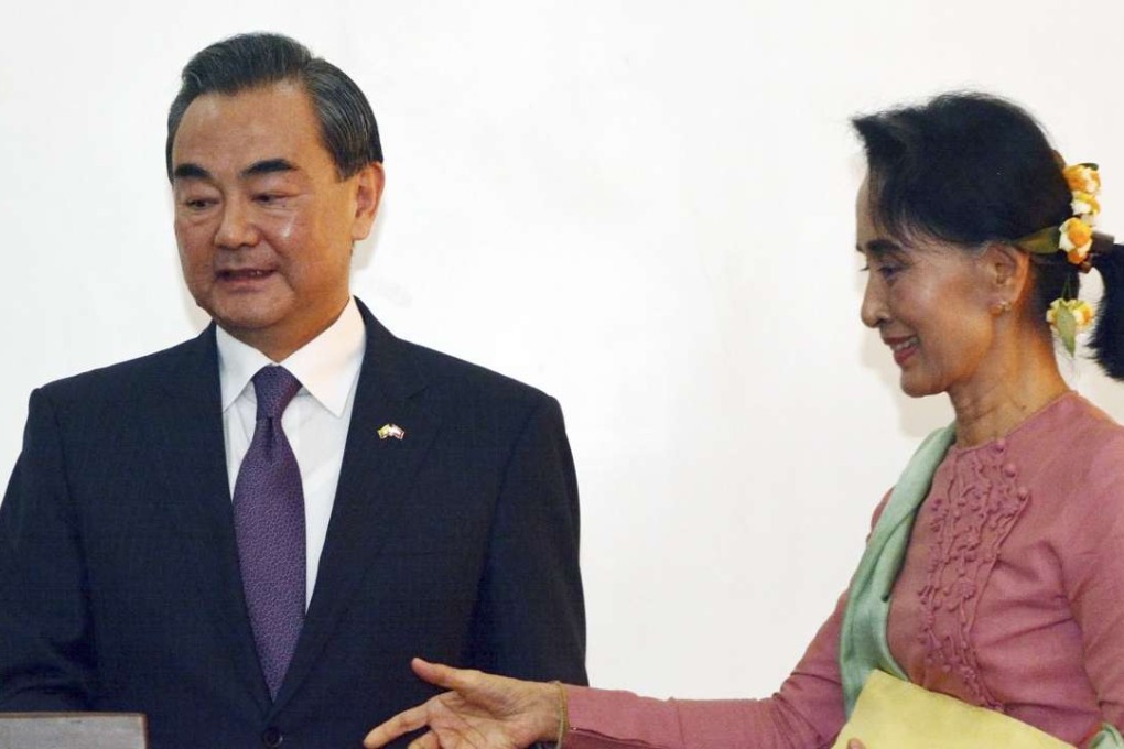 Wang Yi (left) pictured with Myanmar’s Foreign Minister Aung San Suu Kyi during their press conference in Naypyidaw. Photo: AP