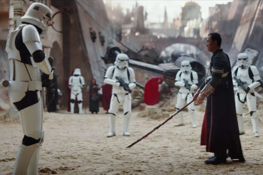 Donnie Yen, armed with nothing more than a stick, prepares to do battle with Imperial stormtroopers in the new trailer for Rogue One. Photo: Disney