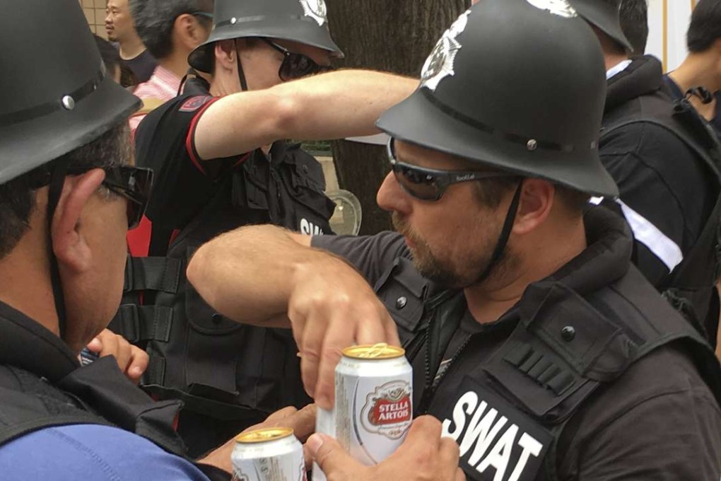 Hello, hello, hello: the “Swat” team enjoy some free beers heading for the Hong Kong Sevens on Friday. Photo: Tim Noonan