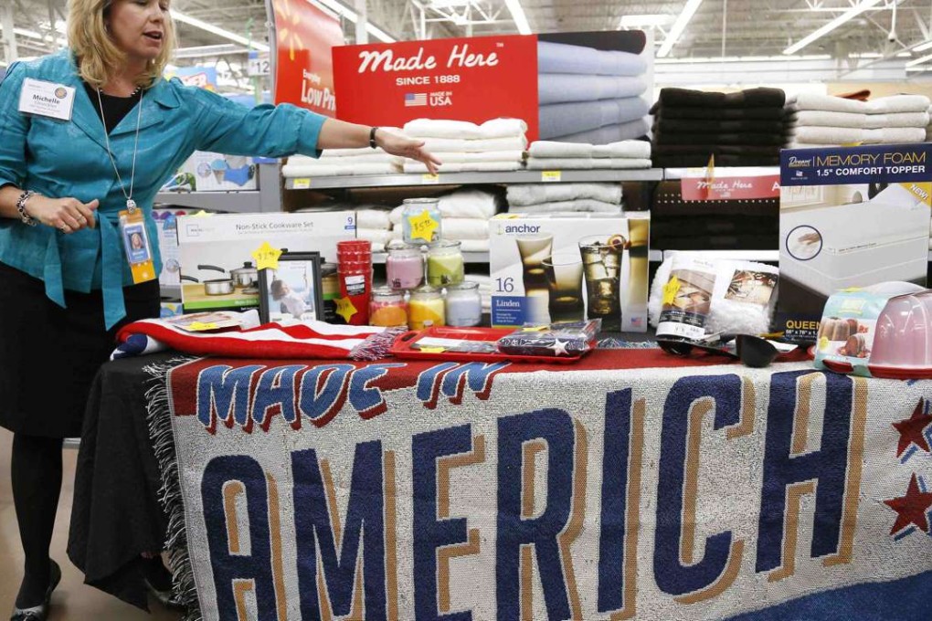 A selection of merchandise made in the US for sale at a Walmart store in Arkansas. The company says it is "leading an American renewal in manufacturing" and "bringing jobs back to the US" with a pledge to buy an additional US$50 billion in US-made goods over the next 10 years. Photo: Reuters