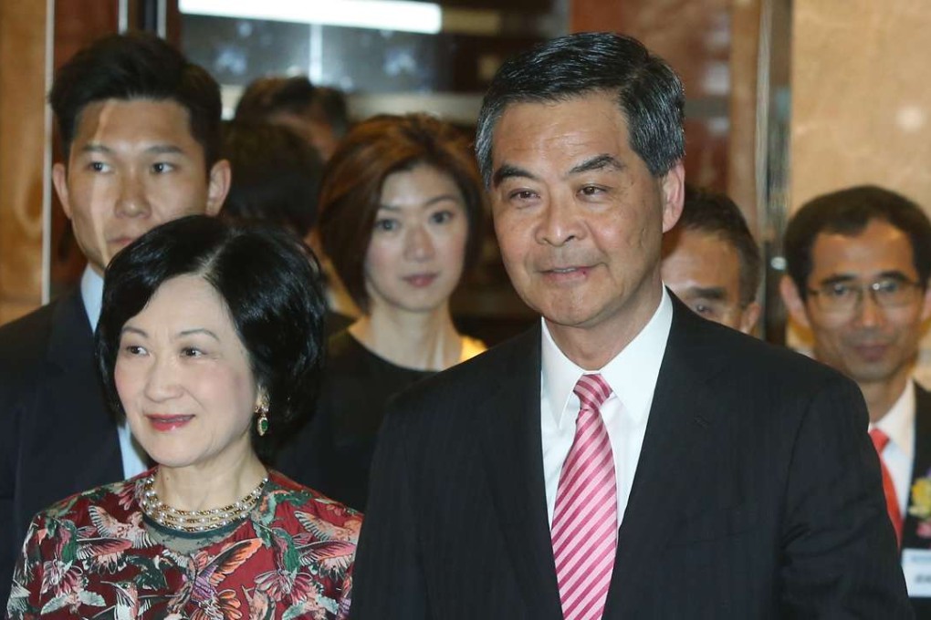 Regina Ip (left) with Leung Chun-ying at a New People’s Party event in Wan Chai earlier this month. Photo: Sam Tsang